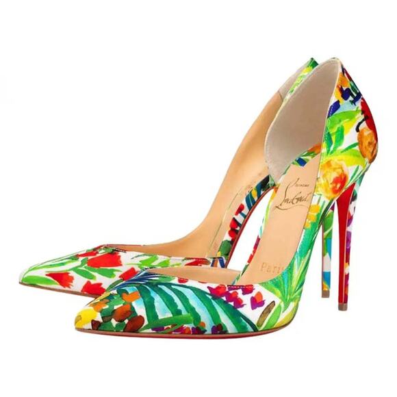 Christian Louboutin Iriza 100 Crepe Satin Fleuri Floral Pointed Toe Heel Pump 35 - Picture 1 of 12